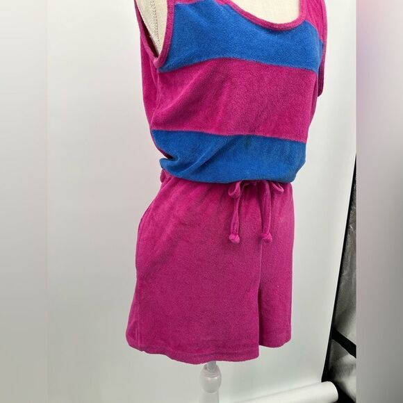Vintage Pink Blue Striped Terrycloth Sleeveless Romper | size large - Picture 3 of 5